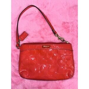Coach Orange Patent Leather Embossed Logo Wristlet EUC